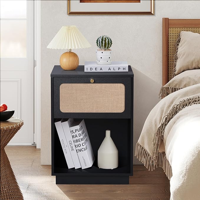 AVZEAR Mid Century Night Stand Set of 2, Modern Nightstand with Drawer & Curved Linen Panel, Farmhouse End Table Wood Bedside Table Small Sides Tables for Small Space, Bedroom(Black)