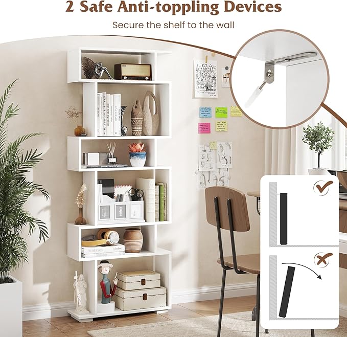 Tangkula 6-Tier S-Shaped Bookshelf, 64" Freestanding Geometric Bookcase, Home Office Wood Storage Shelf with Anti-Toppling Device, Room Divider Display Rack for Study, Living Room (2, White)