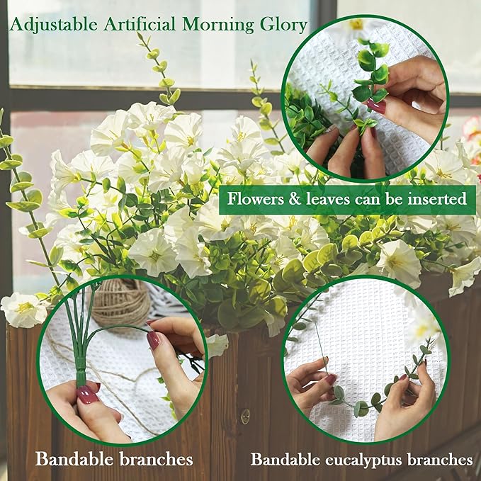26PCS White Faux Flowers for Outdoor Planters Artificial Flowers for Outdoors Morning Glory Fake Outdoor Flowers UV Resistant for Porch Terrace Yard