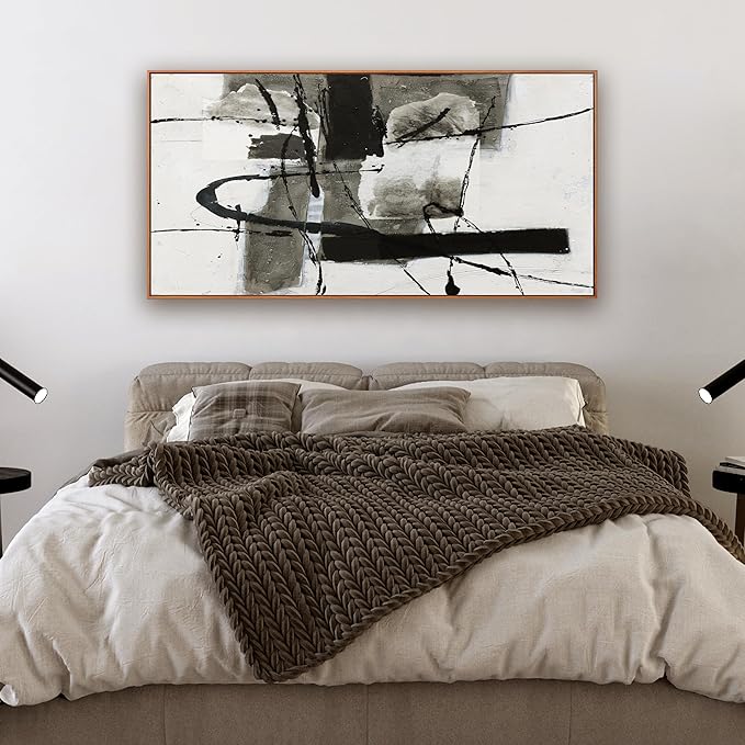 Modern Maximalist Abstract Wall Art - Black and White Irregular Graffiti Framed Canvas Decor for Living Room, Bedroom, Office - 20"x40"
