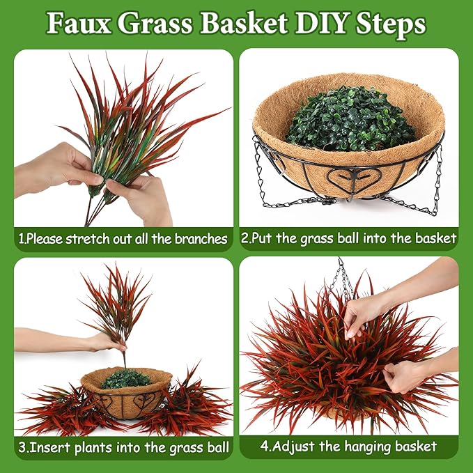 KHOYIME 2 Set Artificial Hanging Plants Basket for Outdoors Indoor, Faux Red Grass Baskets Fake Greenery Stems Planters UV Resistant Spring Summer Decor for Home Garden Porch Balcony Patio Yard