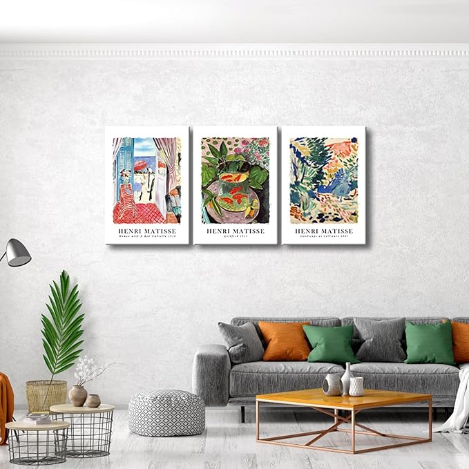 Wieco Art Large Canvas Wall Art 3 Piece Henri Matisse Aesthetic Posters Woman with A Red Umbrella Goldfish Landscape at Collioure Matisse Prints Posters for Wall and Home Decorations