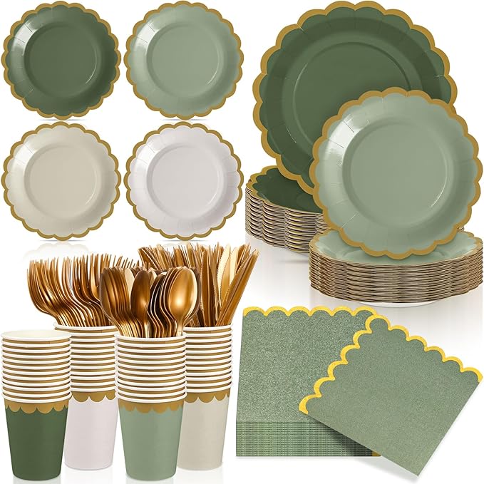 169 Pcs Sage Green Plates and Napkins Party Supplies for Guests Sage Green Tableware Include Scalloped Plates Paper Napkin Cup Spoon Fork Knife for Baby Shower, Wedding, Birthday