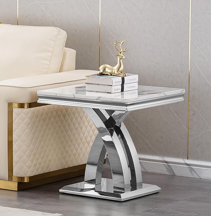Modern Marble End Table, White and Silver Side Table with X Stainless Steel Base, Luxury Faux Marble Top Accent Bed Side Table Sofa Table for Living Room, Bedroom
