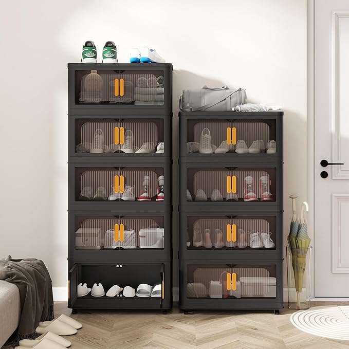 Holaki 320 QT Collapsible Closet Organizers with Lid, 5 Tiers Stackable Plastic Storage Bins Cabinet with Wheels and Magnetic Door (Black Larger)