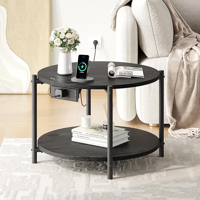 LIKIMIO Round End Table with Charging Station, 23.6" W Wooden Side Table with 2-Tier Storage, Modern Nightstand for Small Spaces, Living Room, Bedroom, Black