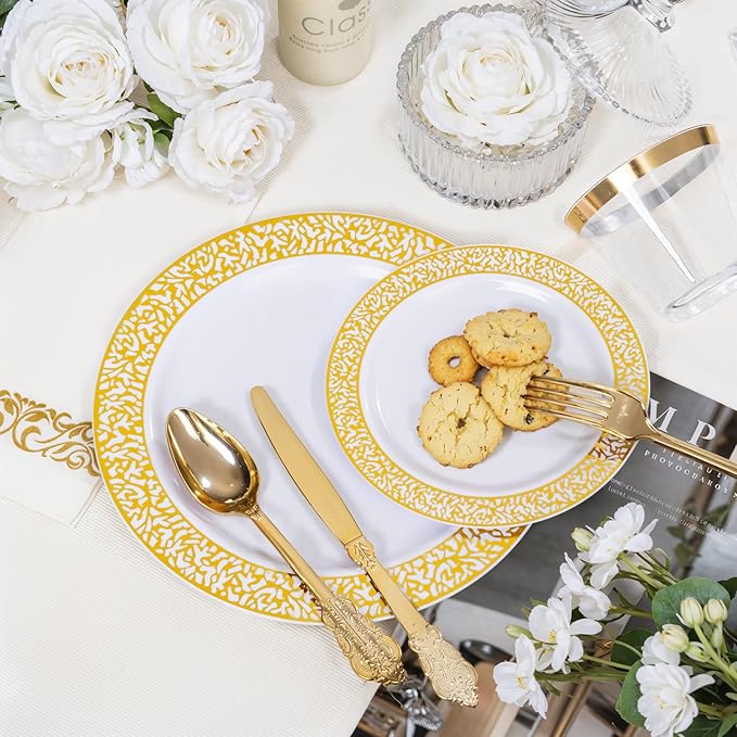 Festiva 350PCS Gold Plastic Dinnerware Set - Disposable Lace Gold Plates and Napkins Party Supplies - include plates,napkins,cups,silverware - Serve for 50 guests Party&Wedding&Easter