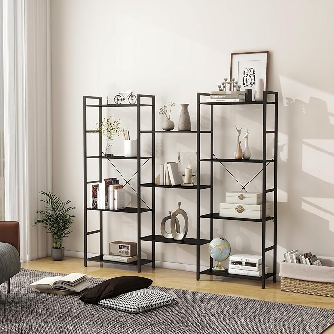 Panana Triple 4/5/6 Tier Bookshelf, Industrial Bookcase with 11/14/17 Open Display Shelves Wide Book Shelf Book Case with Metal Frame for Living Room Home Office (Black, 4 Tier)