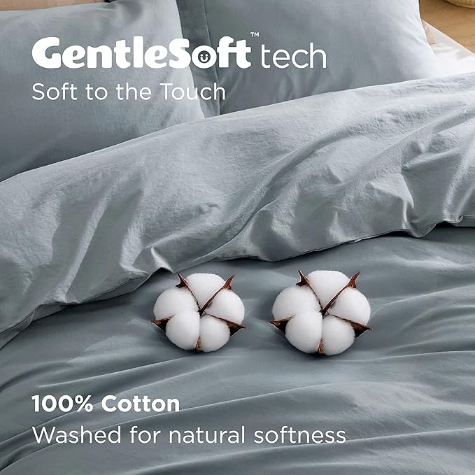 Bedsure 100% Washed Cotton Duvet Cover Queen Size - Dusty Blue Minimalist Cotton Bedding Linen Like for All Seasons - GentleSoft™ Plain Simple Duvet Cover, 3 Pieces (Dusty Blue, Queen, 90"x90")