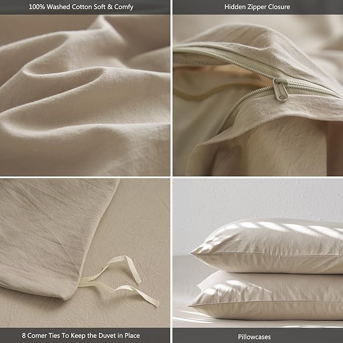 MooMee Twin Duvet Cover Set, 100% Washed Cotton Linen Like Twill Thick Sturdy Material Super Soft Breathable Durable Bedding for All Season, 2 Pieces (Tannish Linen LikeGrey, Twin 68"x90")