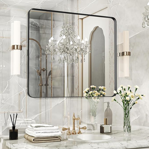 28×32 Black Bathroom Mirror, Rectangular Bathroom Vanity Mirror for Wall with Rounded Corners & Aluminum Alloy Frame, Tempered-Glass, Modern, Farmhouse, Horizontal/Vertical, Entryway, Bedroom