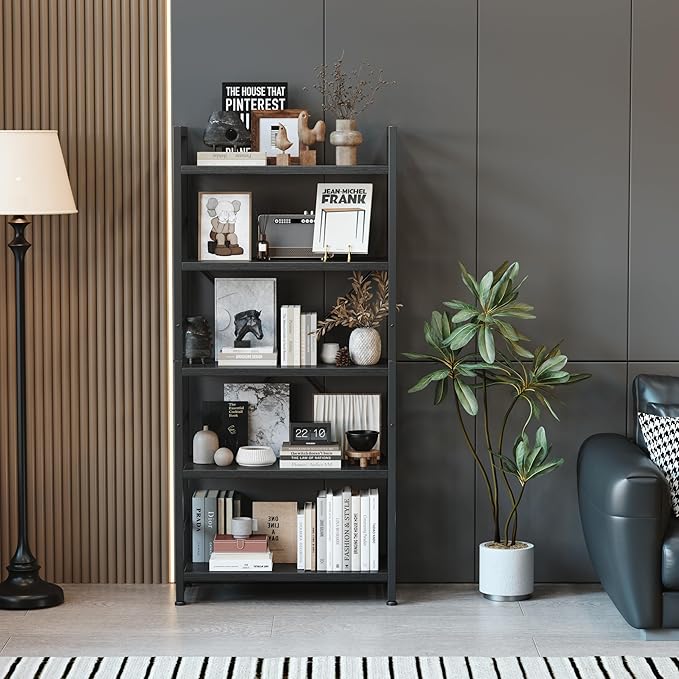 VERMESS 5 Tier Bookshelf, Tall Book Shelf, Vintage Industrial Bookcase with Open Display Shelves, Wood Storage Shelving Unit Metal Frame Standing Bookshelves for Bedroom/Home/Office, Black