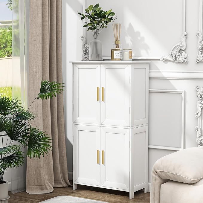 Bathroom Storage Floor Cabinet Freestanding Organizer with Adjustable Shelves for Bathroom Bedroom Laundry Room,4 Doors