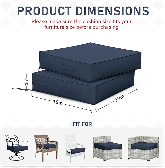 Patio Chair Cushions 19 X 19 X 4 Inch Waterproof Outdoor Seat Cushions for Patio Furniture, Outdoor Sofa Couch Pads with Ties & Handle, Set of 2, Navy Blue