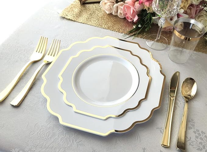 " OCCASIONS " 240 Plates Pack (120 Guests) Heavyweight Wedding Party Disposable Plastic Plates Set -120 x 10.5'' Dinner + 120 x 8'' Salad/Dessert Plate (Imperial White & Gold)
