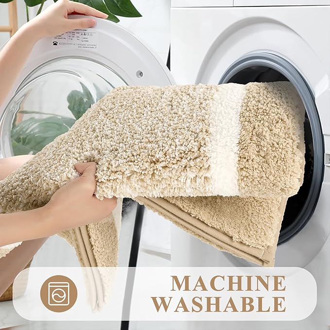 Pauwer Bathroom Rugs Set 5 Piece, Plush Absorbent Microfiber Bath Mats for Bathroom, Non Slip Washable Bath Rug Set with U Shaped Contour Toilet Rugs, Shower Rug and Toilet Lid Cover, Beige