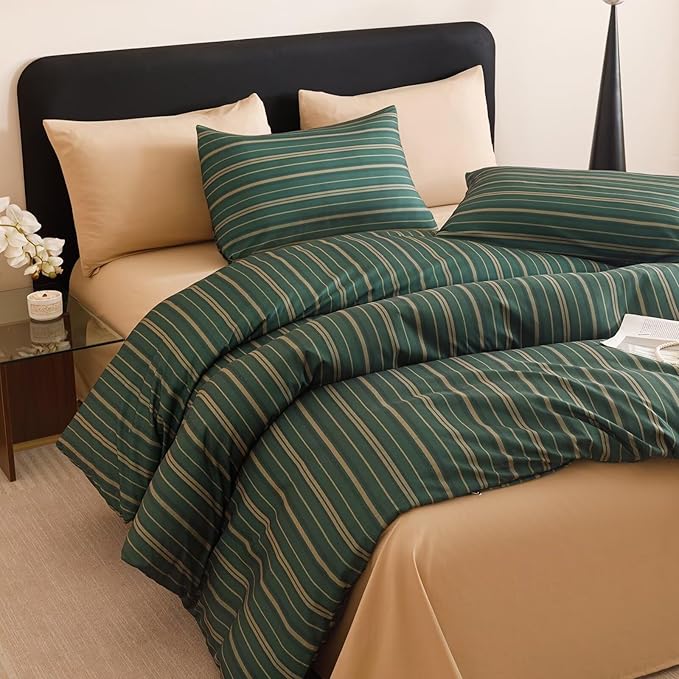 Luxlovery Striped Comforter Set King Men Dark Green Bedding Set Geometric Modern Stripe Pattern Blanket Quilts Durable Lightweight All Season 3PCS Comforter Set King Bed
