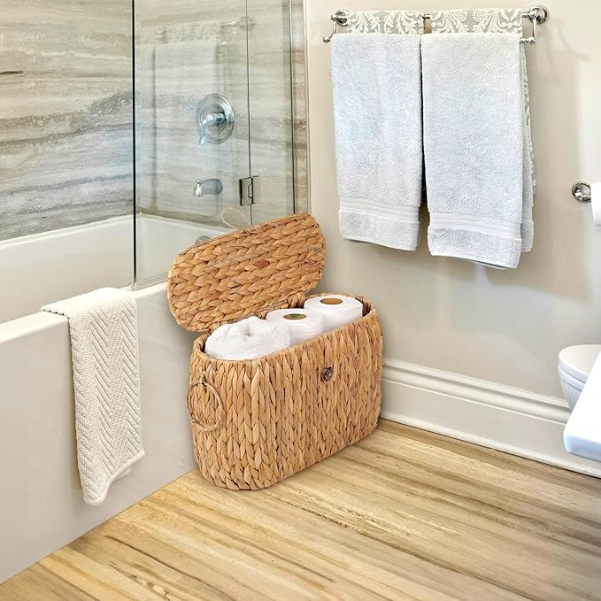Toilet Paper Storage, Water Hyacinth Baskets with Lid, Toilet Paper Baskets for Storage Holder 6 Rolls, Papers Basket with Built-in Handles for Organizer, Bathroom Accessories Organizer