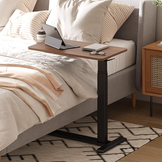 Medical Overbed Adjustable Bedside Table with Hidden Casters, Pneumatic Mobile Rolling Laptop Standing Desk with Tray for Home and Hospital Use, Mahogany