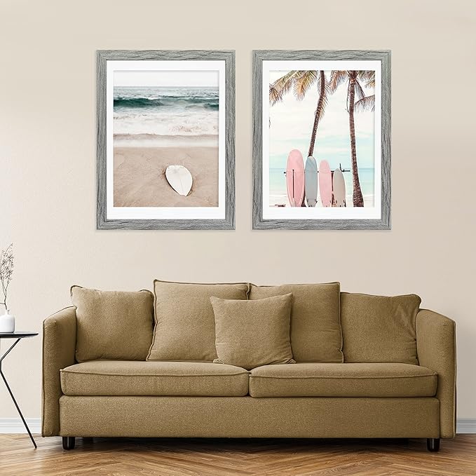 12x16 Picture Frame Set of 2, Rustic Grey Wood Style - Display 12 x 16 Poster without Mat or 11x14 Picture with Mat, Wall Mounting Horizontal and Vertical