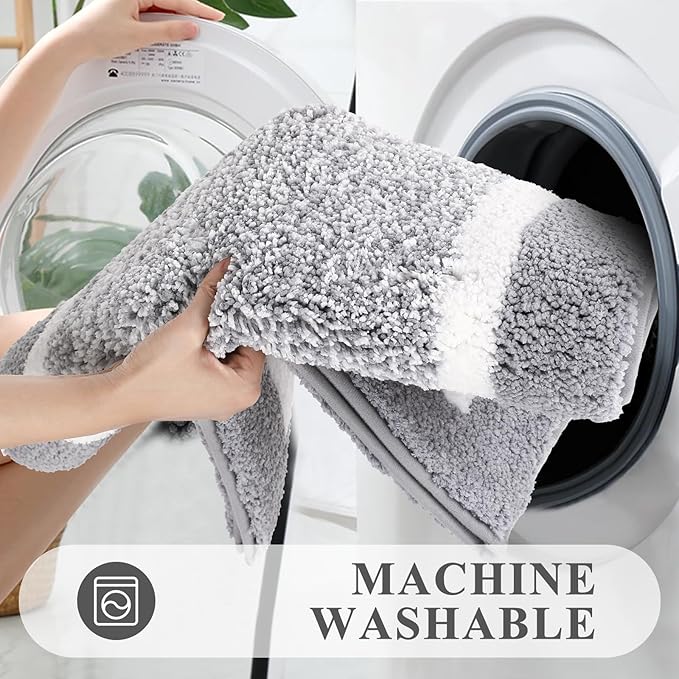 Pauwer Bathroom Rugs Set 5 Piece, Plush Absorbent Microfiber Bath Mats for Bathroom, Non Slip Washable Bath Rug Set with U Shaped Contour Toilet Rugs, Shower Rug and Toilet Lid Cover, Light Grey