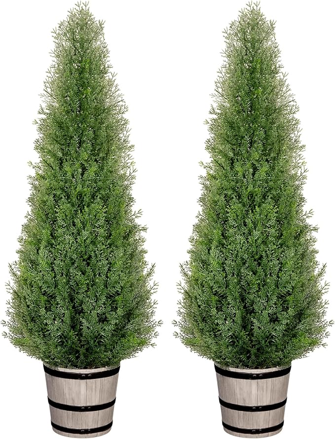 4FT Artificial Cedar Topiary Trees with Rustic Barrel Planter, Outdoor Indoor Realistic Faux Pine Shrubs Plants, Fake Cypress Trees for Home Offices Porch Decor, Set of 2