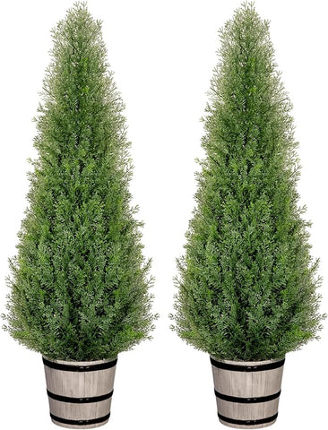 4FT Artificial Cedar Topiary Trees with Rustic Barrel Planter, Outdoor Indoor Realistic Faux Pine Shrubs Plants, Fake Cypress Trees for Home Offices Porch Decor, Set of 2