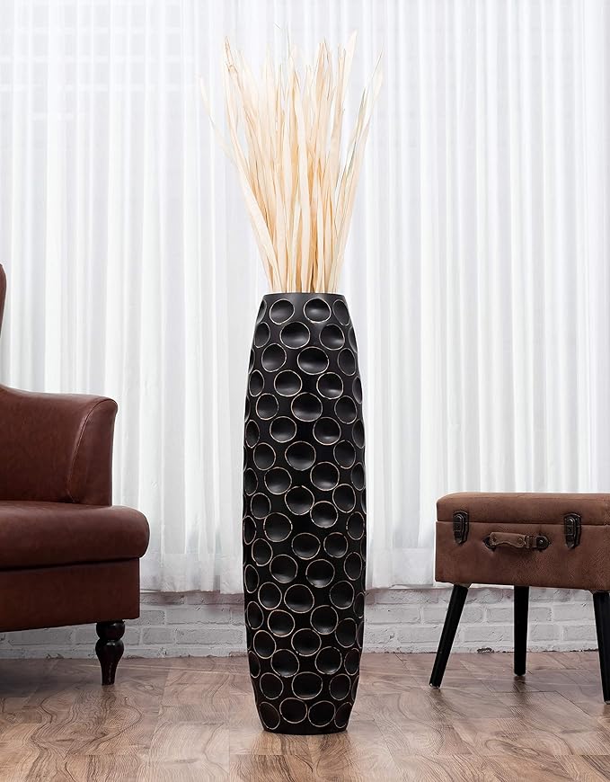 Leewadee Large Black Home Decor Floor Vase – Wooden 36 inches Tall Farmhouse Decor Flower Holder for Fake Plant and Pampas Grass