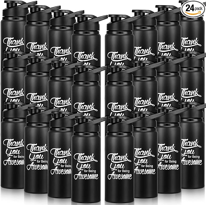 Tanlade 24 Pack Staff Employee Appreciation Gifts 20oz Aluminum Water Bottle Bulk Housekeeper Appreciation Thank You for Being Awesome Bottle with Snap Lid Thank You Gift for Coworker(Black)