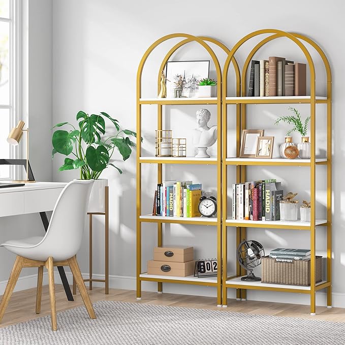 Tribesigns 4-Tier Open Bookshelf Set of 2, 70.8" Modern Wood Bookcase Storage Shelves with Metal Frame, Freestanding Display Rack Tall Shelving Unit for Bedroom, Living Room (White and Gold, 2PCS)