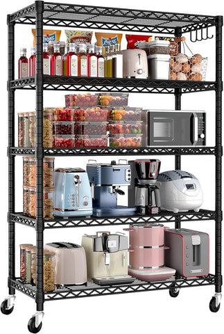 PrimeZone 5 Tier Wire Shelving Rack Storage Shelves with Wheels,Adjustable Rolling Heavy Duty Metal Shelving Unit,Utility Shelf for Kitchen Garage Closet Pantry Laundry 36" W x 14" D x 74" H