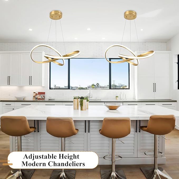 20" Gold Modern led Chandelier for Living Room,Irregular Ring Modern Pendant Lights Kitchen Island,Dimmable Remote Control H79 Adjustable led Pendant Light for Bedroom Dining Room Entryway