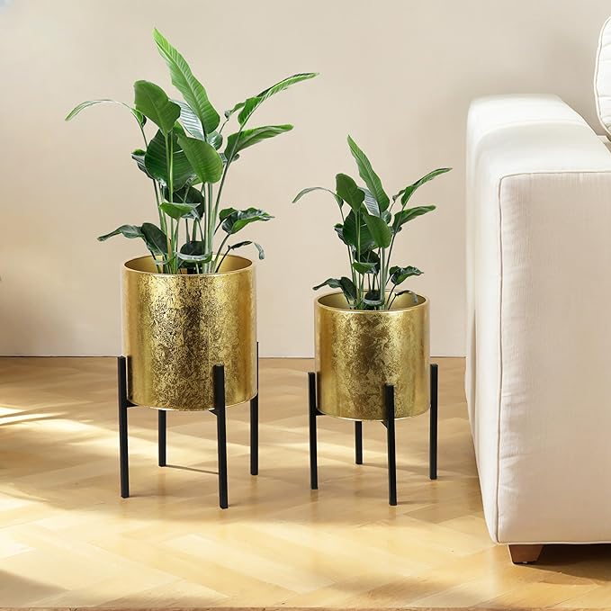 ARNIS Modern Plant Pots, Set of 2 Large Planters with Stand, Decorative Planters, Metal Pots with Drainage Holes for Living Room, Office, Garden or Balcony, 10.5 &12.55 Inch, Gold