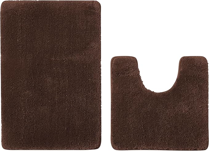 YHF Bathroom Rug Set 2Piece, Thick &Soft Microfiber Shaggy, U Shaped Contour, Machine Washable Bath Mats, Absorbent Bath Rugs, Non-slip Rubber Backing Bath Mat for Bathroom Floor, Tub and Shower,Brown