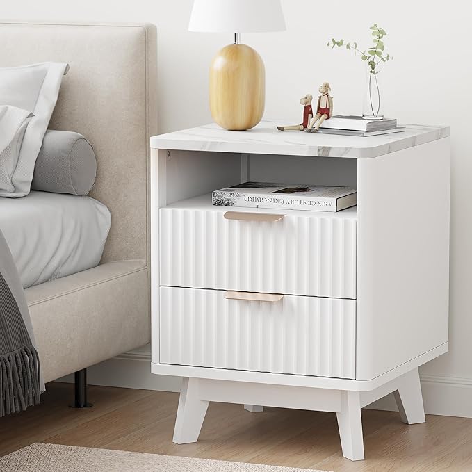 Fluted White Nightstand Set of 2, 18" Modern Bed Night Stand with Faux Marble Top, 2 Drawers, Open Storage Shelf, Living Room End Table, Curved Edge Bedside Table for Bedroom