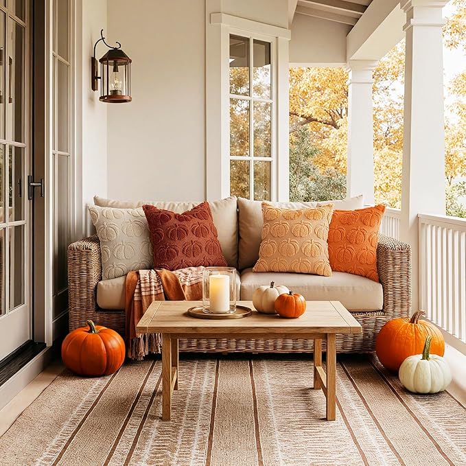 MIULEE Fall Pumpkin Pillow Covers 18x18 Inch Set of 4 - Soft Cozy Plush Decorative Pillows with Embroidered Pumpkin Pattern Autumn Halloween Holiday Decor for Sofa Couch Bed Living Room,Rust-Beige