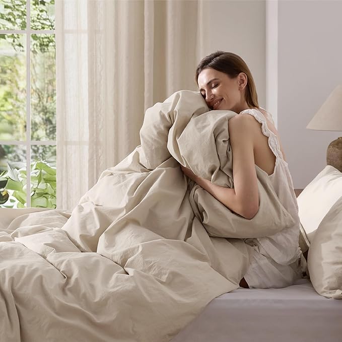 Bedsure 100% Washed Cotton Duvet Cover Oversized King - Greige Minimalist Cotton Duvet Cover Linen Like for All Seasons - GentleSoft™ Plain Simple Bedding, 3 Pieces (Greige, Oversized King, 120"x98")