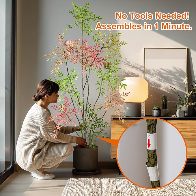 7.2ft Faux Bamboo Tree Artificial Nandina Tree Artificial Indoor Plants Realistic Fake Potted Tree with 800+ Leaves, Cement Planter - Home Office Decor Perfect for Housewarming Gift Non-Toxic