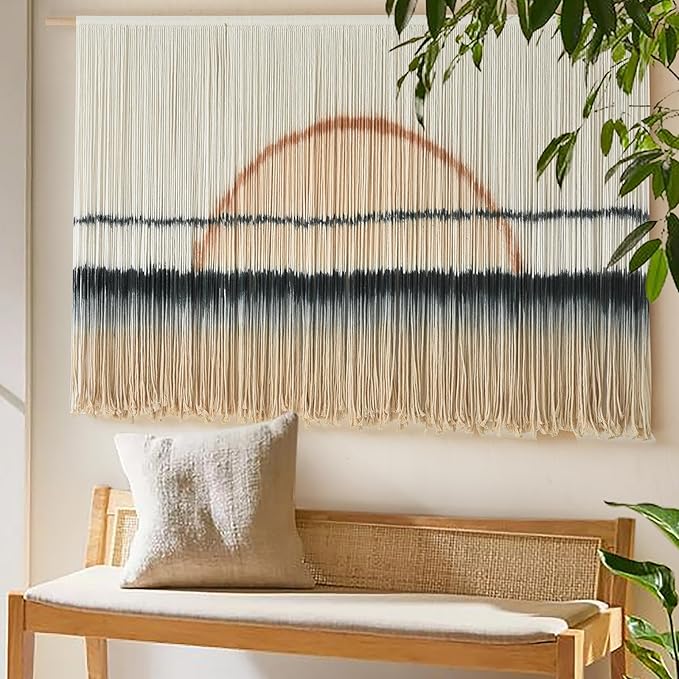 Macrame Wall Hanging Large Sunset Dip Dye Boho Tapestry Handmade Woven Cotton Wall Art for Bedroom, Living Room, Above Bed Neutral Modern Minimalist Decor 57" Wx35" L