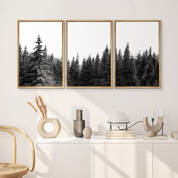 SIGNWIN 3 Piece Framed Canvas Wall Art Woodland Nursery Decor Black and White Forest Photo Nature Abstract Traditional Home Artwork Decoration for Living Room,Bedroom - 24"x36"x3 Natural