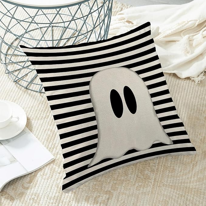 Halloween Pillow Covers 16x16 Set of 2 Cute Black Stripe Ghost Throw Pillow Covers Halloween Pillows Decorative Pillow Covers for Halloween Home Decoration Cushion Case for Couch Sofa Decor