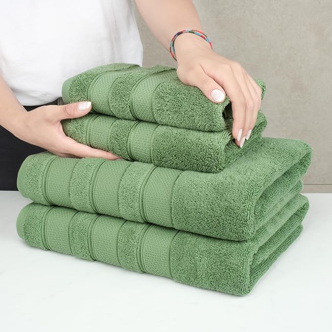 American Soft Linen Salem Turkish Bath Towel Set, 100% Cotton 600 GSM 6 Piece Towels for Bathroom, 2 Bath Towels 2 Hand Towels 2 Washcloths, Sage Green
