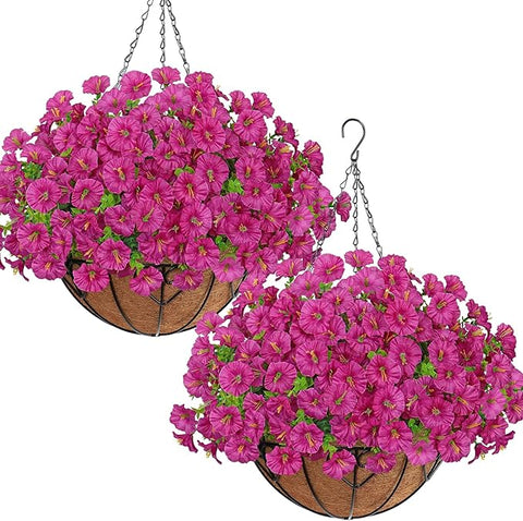 KHOYIME Artificial Hanging Flowers Plants Basket for Outdoors Indoor, 2 Set Faux Silk Fuchsia Morning Glory Fake Eucalyptus Planters UV Resistant Spring Summer Decorations for Home Garden Porch Patio