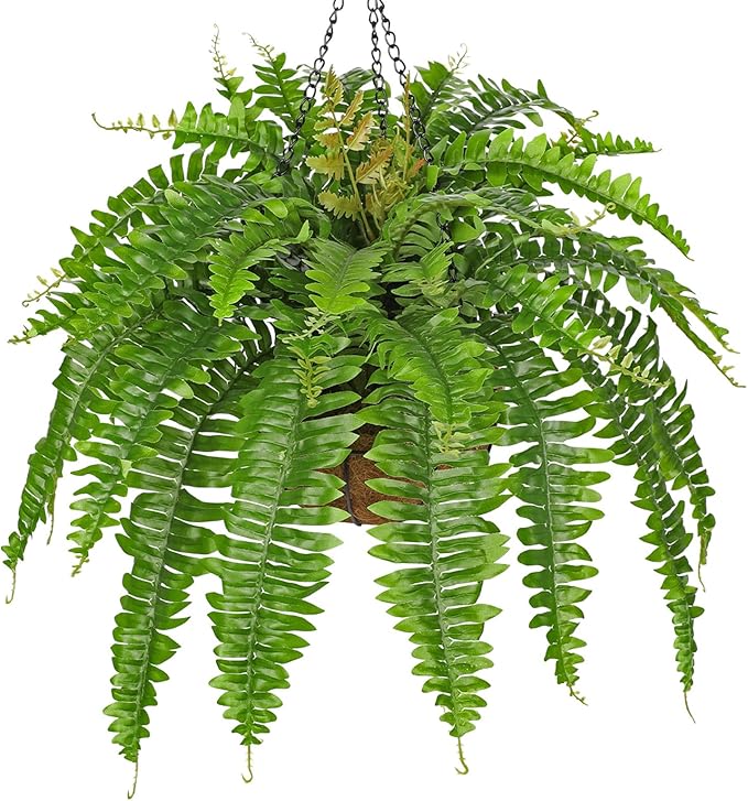 Fake Hanging Plants Large Boston Fern Artificial Plants Outdoor Realistic Fake Ferns with Palm Basket Silk Plants Ferns Hanging Plant Artificial Decor for Home Front Porch Window Garden - Green