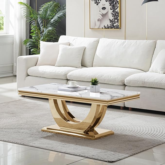 Modern Marble Coffee Table with Stainless Steel Pedestal, 47" Luxury Gold Coffee Tables for Living Room, Unique Faux Marble Cocktail Table Rectangle Funky Coffee Center Table for Living Room