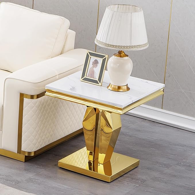 SSLine Modern White Faux Marble End Table Luxury Square Sofa Side Table with Gold Pedestal Base Mid-Century Elegant Bedside Table w/Mirrored Stainless Steel Frame for Living Room Bedroom