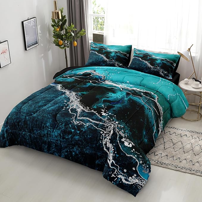 Black Marble Comforter Queen Turquoise Blue Bedding Set 3 Pcs Marble Stone Natural Theme Artwork Abstract Comforter Sets Super Soft Cozy Black Bed in A Bag with Comforter and Sheet Set
