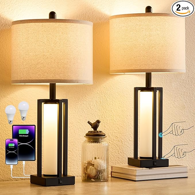 26.6" Farmhouse Table Lamps Set of 2, 3 Way Dimmable Touch Lamps, Modern Nightstand Bedside Lamps with Dual Light Control, USB A+C Ports & AC Outlet, Built-in Night Light for Bedroom End Table