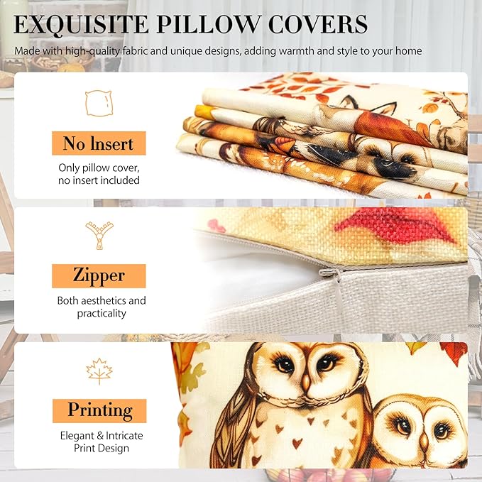 Animal Family Theme Fall Pillow Covers 20x20 Inch Set of 4, Burnt Orange Rust Decorative Autumn Thanksgiving Harvest Home Decor for Sofa Couch Living Room