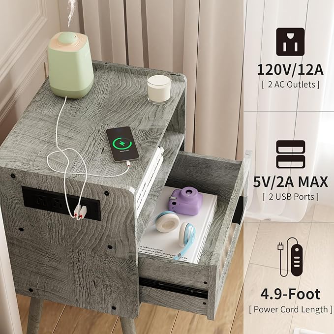 SOOWERY Mid Century Modern Nightstand with Charging Station, Bedside Tables with Acrylic Drawer, End Table Side Table with 2 Tiers Storage Space, for Bedroom, Living Room, Light Grey